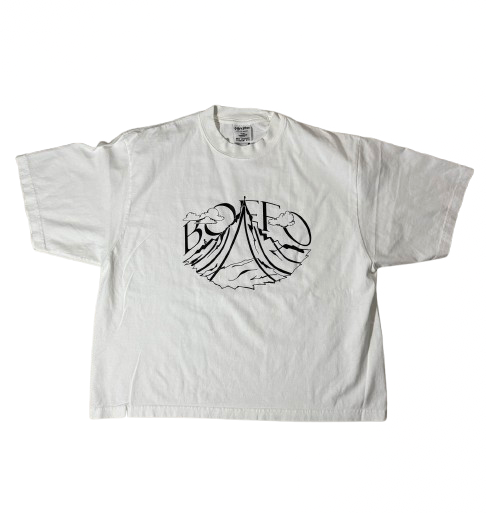 White t-shirt with black graphic design on a white background