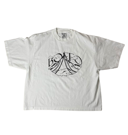 White t-shirt with black graphic design on a white background